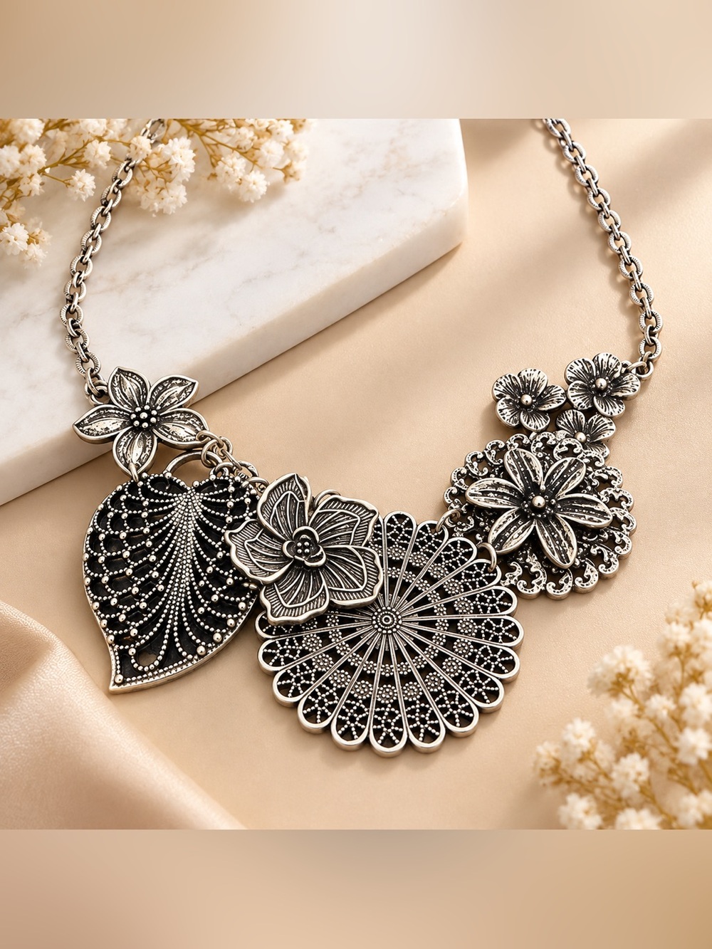 Silver Floral Statement Necklace - Women Jewelry